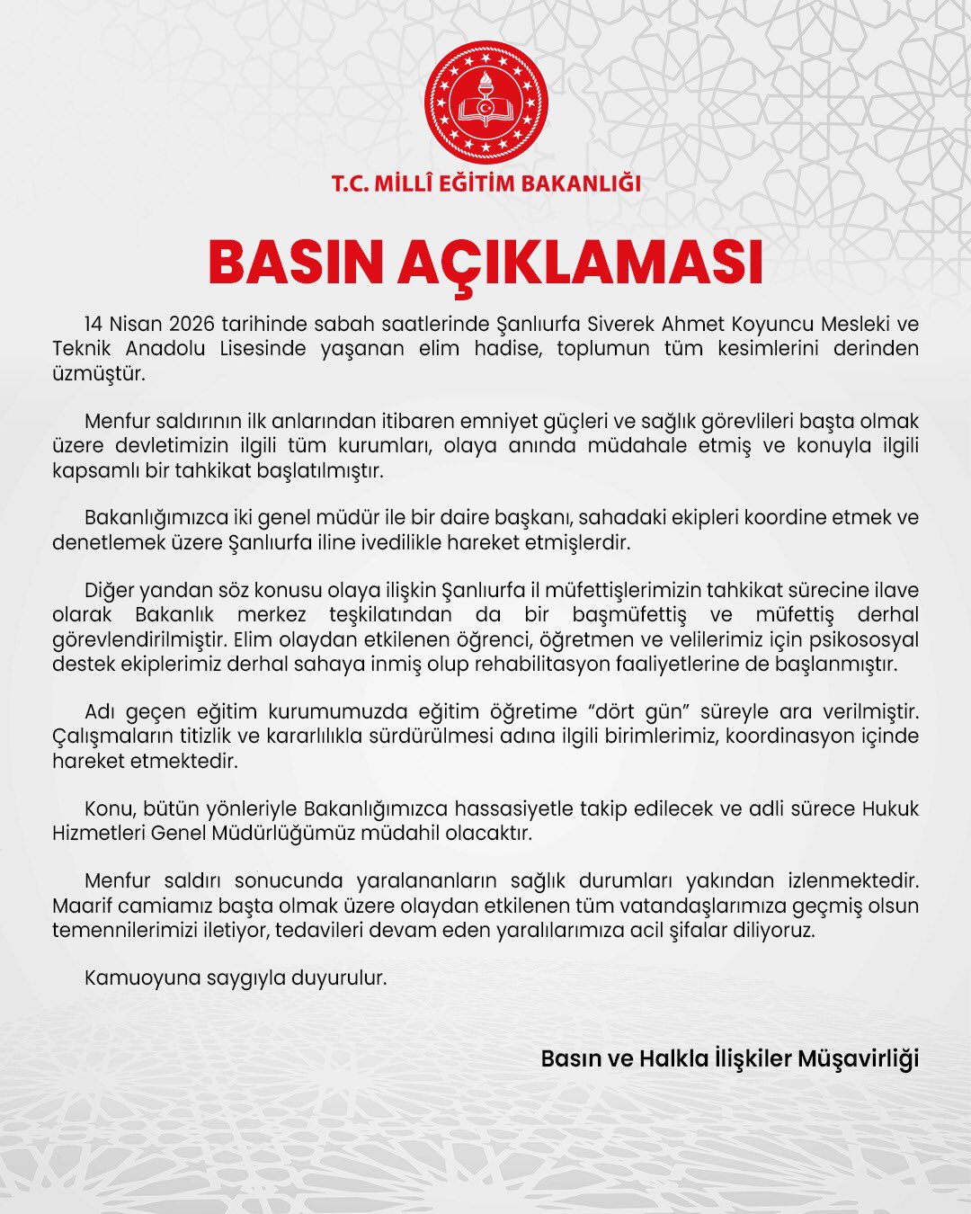 Siverek’teki Olay Sonrası MEB’den Açıklama: Eğitime 4 Gün Ara Verildi